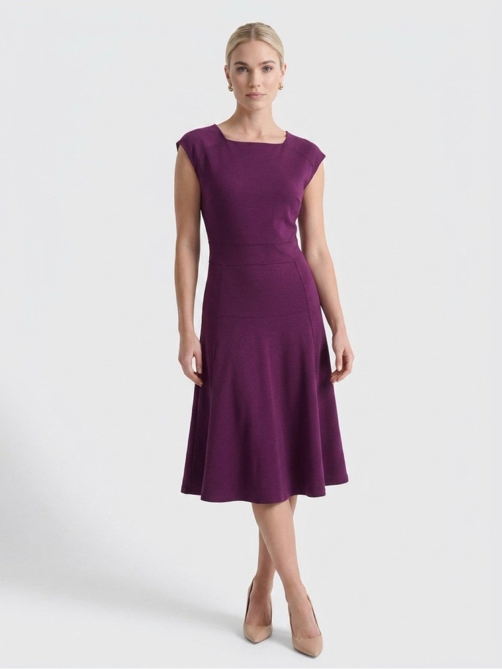 Lands End Purple Ponte Flounce Skirt Midi Fit & Flare Dress